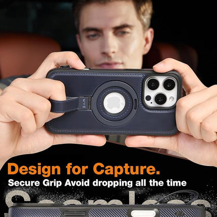 iPhone 16 Pro MagCharge PU Leather Case with MagSafe | Ring Grip Kickstand Shockproof Cover + Free 1 Pack 6D Tempered Glass (KIT)