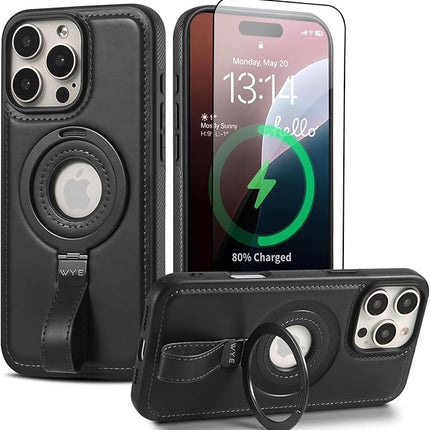 iPhone 16 Pro MagCharge PU Leather Case with MagSafe | Ring Grip Kickstand Shockproof Cover + Free 1 Pack 6D Tempered Glass (KIT)