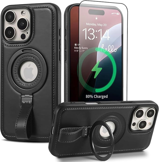iPhone 16 Pro Max MagCharge PU Leather iPhone Case with MagSafe | Ring Grip Kickstand Shockproof Cover + Free 1 Pack 6D Tempered Glass (KIT)