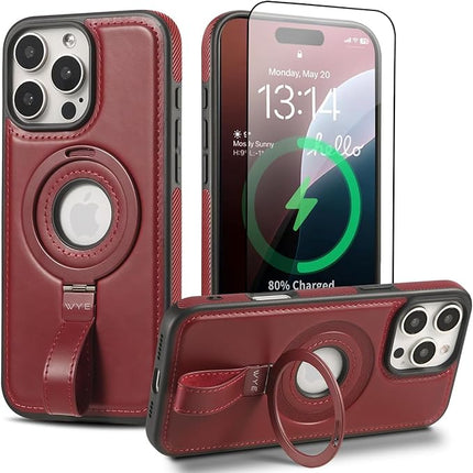 iPhone 16 Pro MagCharge PU Leather Case with MagSafe | Ring Grip Kickstand Shockproof Cover + Free 1 Pack 6D Tempered Glass (KIT)