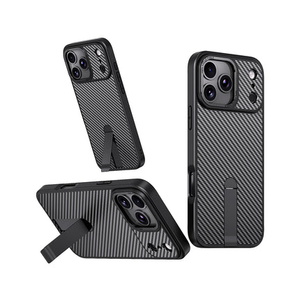 iPhone 17 Pro Carbon Design KickStand Case + 1 Pack Tempered Glass Screen Protector (KIT)
