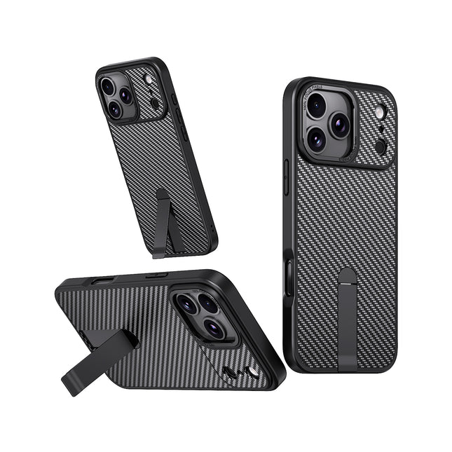 iPhone 17 Pro Carbon Design KickStand Case + 1 Pack Tempered Glass Screen Protector (KIT)