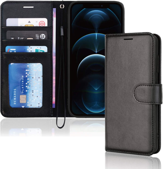 iPhone 11 Pro Max Leather Wallet Case Flip Cover with 3 Card Slots Cash Pocket Kickstand Lanyard + FREE 6D Tempered Glass Screen Protector — Shockproof PU Leather Folio Case for Apple iPhone 11 Pro Max 6.5-Inch 2019