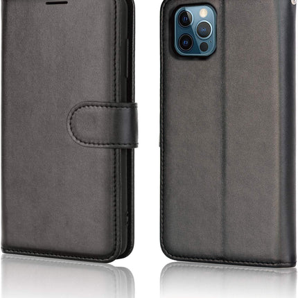 iPhone 12 Pro Max Leather Wallet Case Flip Cover with Card Holder + FREE 6D Tempered Glass Screen Protector | Shockproof PU Leather Kickstand Case (6.7")