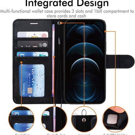 iPhone 12 Pro Max Leather Wallet Case Flip Cover with Card Holder + FREE 6D Tempered Glass Screen Protector | Shockproof PU Leather Kickstand Case (6.7")