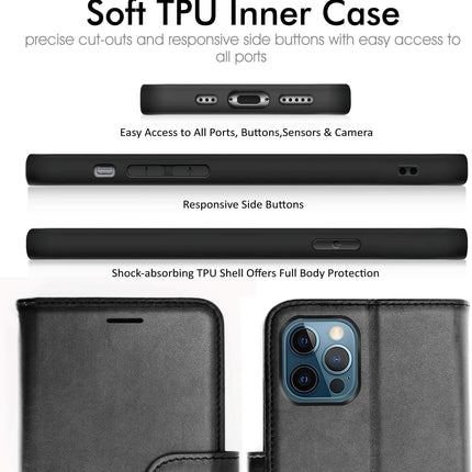iPhone 12 Pro Max Leather Wallet Case Flip Cover with Card Holder + FREE 6D Tempered Glass Screen Protector | Shockproof PU Leather Kickstand Case (6.7")