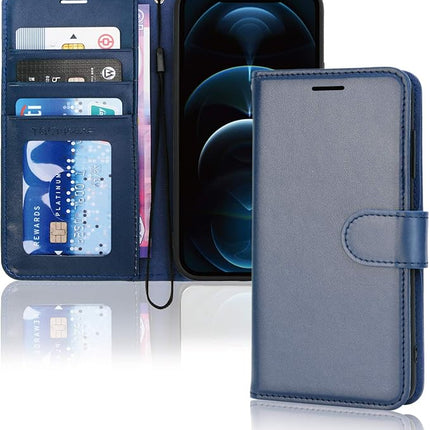 iPhone 12 Pro Max Leather Wallet Case Flip Cover with Card Holder + FREE 6D Tempered Glass Screen Protector | Shockproof PU Leather Kickstand Case (6.7")