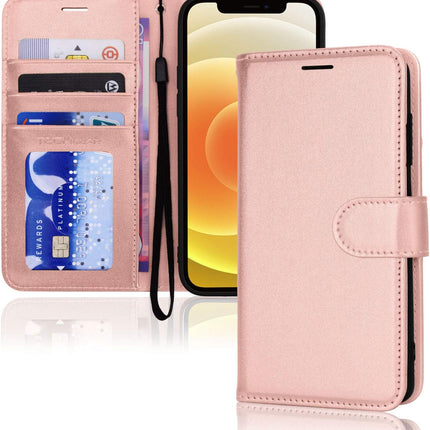 iPhone 12 Pro Max Leather Wallet Case Flip Cover with Card Holder + FREE 6D Tempered Glass Screen Protector | Shockproof PU Leather Kickstand Case (6.7")