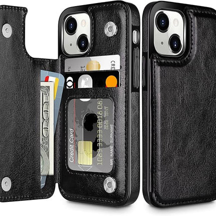 iPhone 15 Leather Wallet Case with Stand, Magnetic Card Holder Flip Cover + FREE 6D Tempered Glass Screen Protector