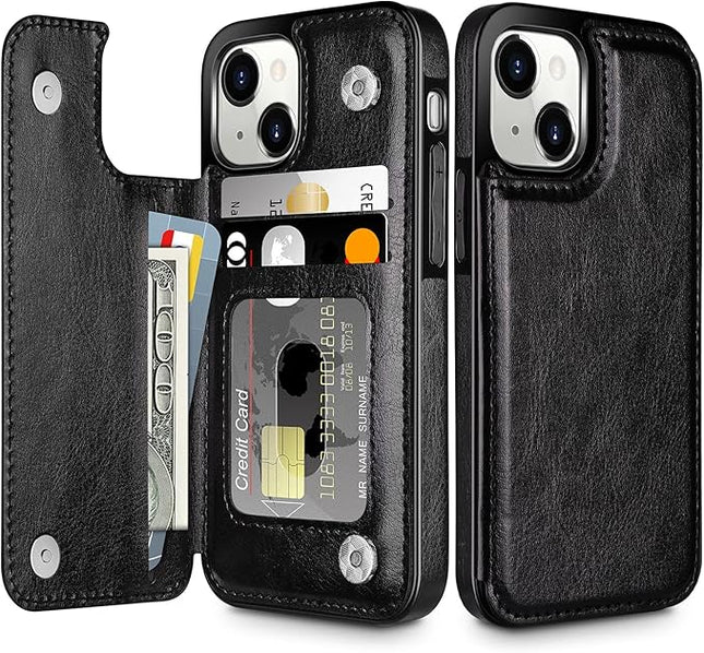 iPhone 15 Leather Wallet Case with Stand, Magnetic Card Holder Flip Cover + FREE 6D Tempered Glass Screen Protector