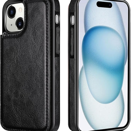 iPhone 15 Leather Wallet Case with Stand, Magnetic Card Holder Flip Cover + FREE 6D Tempered Glass Screen Protector