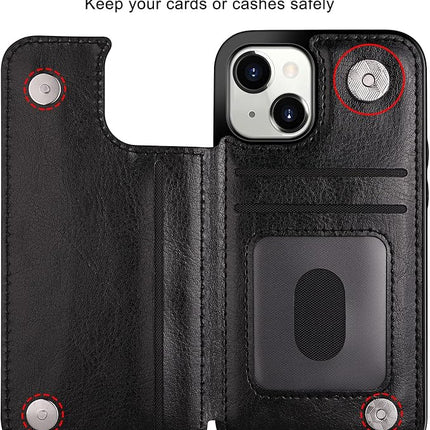 iPhone 15 Leather Wallet Case with Stand, Magnetic Card Holder Flip Cover + FREE 6D Tempered Glass Screen Protector