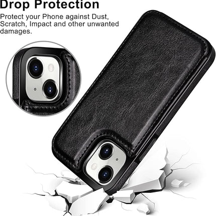 iPhone 15 Leather Wallet Case with Stand, Magnetic Card Holder Flip Cover + FREE 6D Tempered Glass Screen Protector