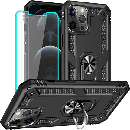 iPhone 11 Pro Max Military Grade Case with 360° Rotating Metal Ring Holder Kickstand + FREE 6D Tempered Glass Screen Protector — MIL-STD-810G Shockproof Heavy Duty PC TPU Armour Cover, Magnetic Car Mount Compatible