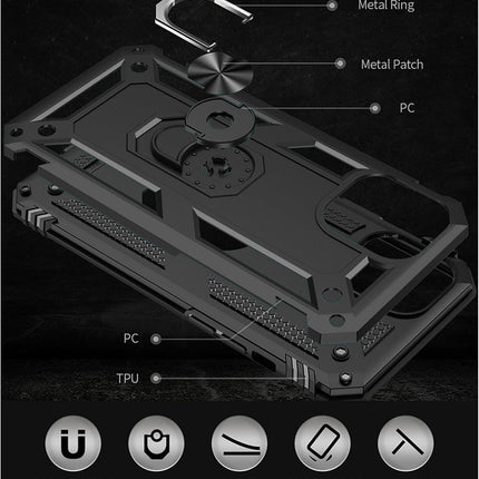 iPhone 11 Pro Max Military Grade Case with 360° Rotating Metal Ring Holder Kickstand + FREE 6D Tempered Glass Screen Protector — MIL-STD-810G Shockproof Heavy Duty PC TPU Armour Cover, Magnetic Car Mount Compatible