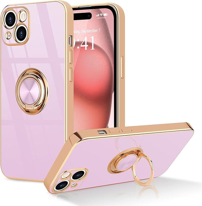 iPhone 15 TPU Plating Ring Case with Kickstand + FREE 6D Tempered Glass Screen Protector
