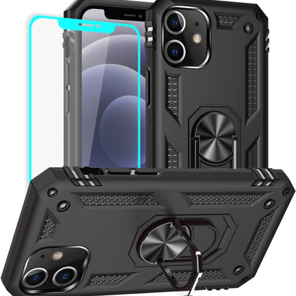 iPhone 12 / 12 Pro Military Grade Ring Case (6.1”) – Shockproof Protective Cover with Magnetic Ring Stand, MagSafe-Compatible + FREE 6D Tempered Glass Screen Protector