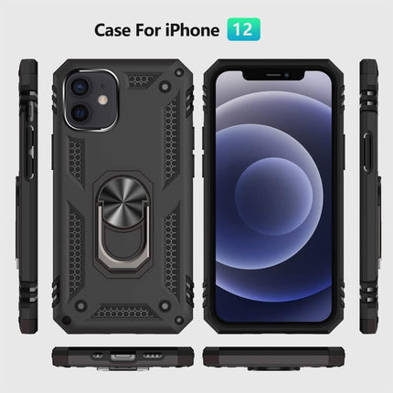 iPhone 12 / 12 Pro Military Grade Ring Case (6.1”) – Shockproof Protective Cover with Magnetic Ring Stand, MagSafe-Compatible + FREE 6D Tempered Glass Screen Protector
