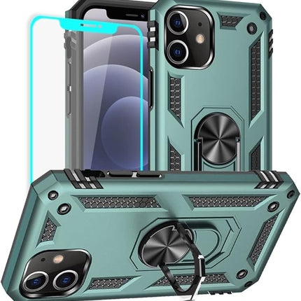 iPhone 12 / 12 Pro Military Grade Ring Case (6.1”) – Shockproof Protective Cover with Magnetic Ring Stand, MagSafe-Compatible + FREE 6D Tempered Glass Screen Protector