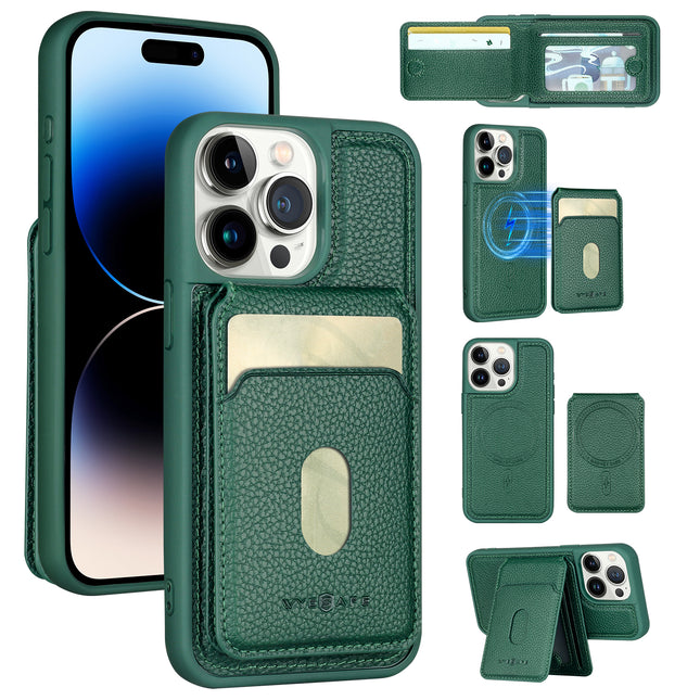 iPhone 14 Pro Wallet Case MagSafe Compatible - Detachable Card Holder with Magnetic Back Cover + Free 6D Tempered Glass Screen Protector - PU Leather Kickstand