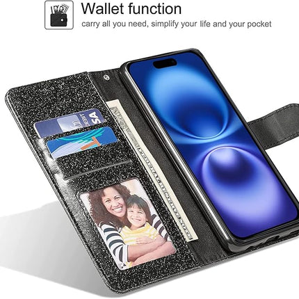 iPhone 16 Wallet Heart Shiny Case – Glitter PU Leather Flip Cover with Card Holder + FREE 6D Tempered Glass Screen Protector