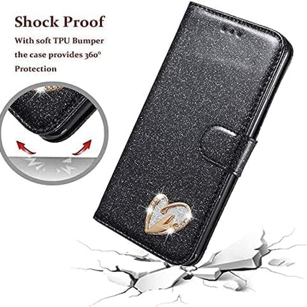 iPhone 16 Wallet Heart Shiny Case – Glitter PU Leather Flip Cover with Card Holder + FREE 6D Tempered Glass Screen Protector