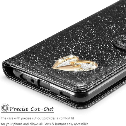 iPhone 16 Wallet Heart Shiny Case – Glitter PU Leather Flip Cover with Card Holder + FREE 6D Tempered Glass Screen Protector