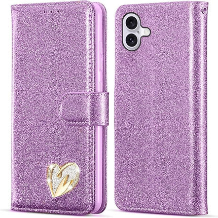 iPhone 16 Wallet Heart Shiny Case – Glitter PU Leather Flip Cover with Card Holder + FREE 6D Tempered Glass Screen Protector