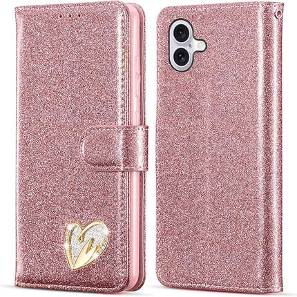 iPhone 16 Wallet Heart Shiny Case – Glitter PU Leather Flip Cover with Card Holder + FREE 6D Tempered Glass Screen Protector