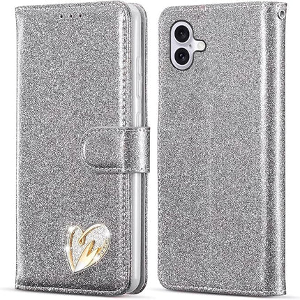 iPhone 16 Wallet Heart Shiny Case – Glitter PU Leather Flip Cover with Card Holder + FREE 6D Tempered Glass Screen Protector