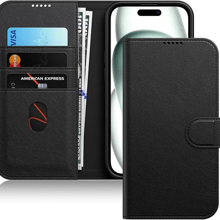 iPhone 15 Wallet PU Leather Case with Card Holder + FREE 6D Tempered Glass Screen Protector