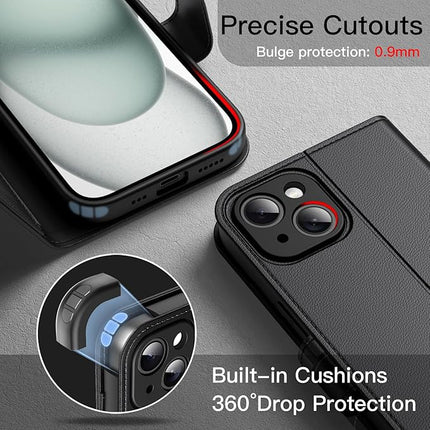 iPhone 15 Wallet PU Leather Case with Card Holder + FREE 6D Tempered Glass Screen Protector