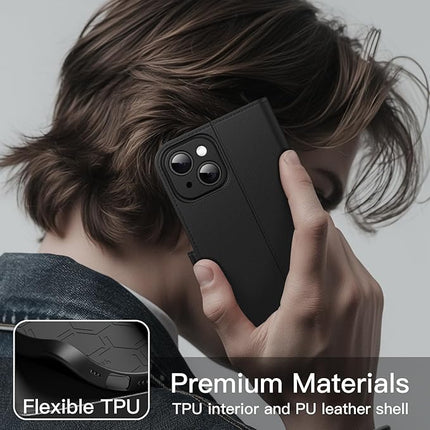 iPhone 15 Wallet PU Leather Case with Card Holder + FREE 6D Tempered Glass Screen Protector