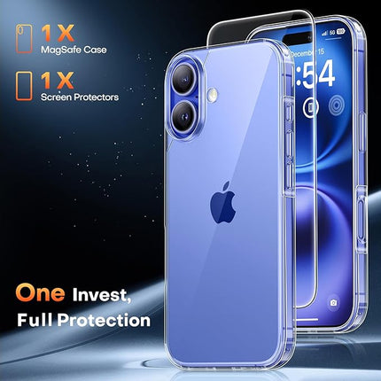 iPhone 16 Crystal Clear Shockproof Case (6.1”) – 15FT Drop Protection, Not-Yellowing Cover + FREE 6D Tempered Glass Screen Protector