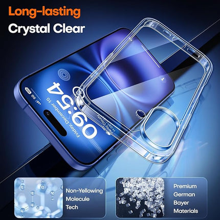iPhone 16 Crystal Clear Shockproof Case (6.1”) – 15FT Drop Protection, Not-Yellowing Cover + FREE 6D Tempered Glass Screen Protector