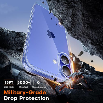 iPhone 16 Crystal Clear Shockproof Case (6.1”) – 15FT Drop Protection, Not-Yellowing Cover + FREE 6D Tempered Glass Screen Protector
