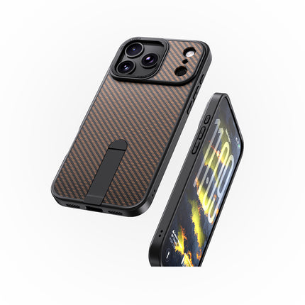 iPhone 16 Pro Max Carbon Design Kickstand Case | Shockproof Armor Cover + FREE 1 Pack 6D Tempered Glass