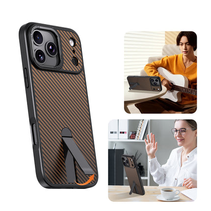 iPhone 16 Pro Max Carbon Design Kickstand Case | Shockproof Armor Cover + FREE 1 Pack 6D Tempered Glass