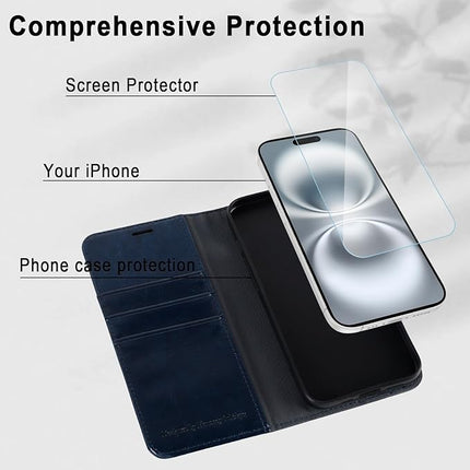 iPhone 16 PU Leather Wallet Case – Card Holder Flip Cover with Stand + FREE 6D Tempered Glass Screen Protector