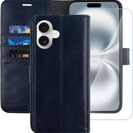 iPhone 16 PU Leather Wallet Case – Card Holder Flip Cover with Stand + FREE 6D Tempered Glass Screen Protector