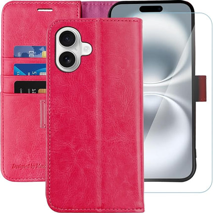 iPhone 16 PU Leather Wallet Case – Card Holder Flip Cover with Stand + FREE 6D Tempered Glass Screen Protector