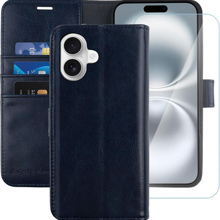 iPhone 16 PU Leather Wallet Case – Card Holder Flip Cover with Stand + FREE 6D Tempered Glass Screen Protector