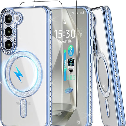 Samsung S26 Plus Case,[1 Fingerprint Tempered Glass Screen Protector] Diamond Cute for Glitter Luxury Fashion Shiny
