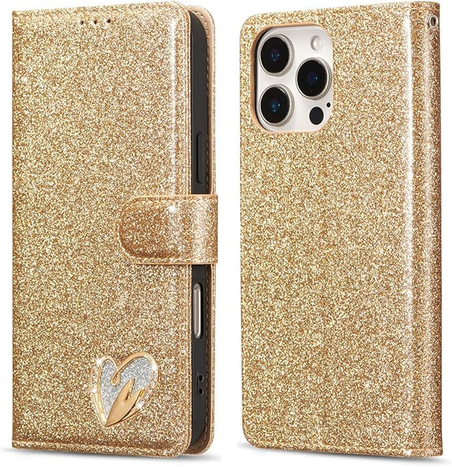 iPhone 16 Pro Shiny Wallet Case with Heart Design | Luxury Flip Cover with Card Holder + Free 6D Tempered Glass
