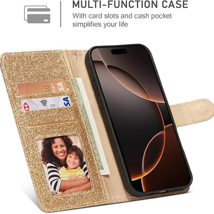 iPhone 16 Pro Shiny Wallet Case with Heart Design | Luxury Flip Cover with Card Holder + Free 6D Tempered Glass