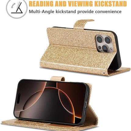 iPhone 16 Pro Shiny Wallet Case with Heart Design | Luxury Flip Cover with Card Holder + Free 6D Tempered Glass