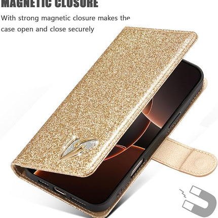 iPhone 16 Pro Shiny Wallet Case with Heart Design | Luxury Flip Cover with Card Holder + Free 6D Tempered Glass