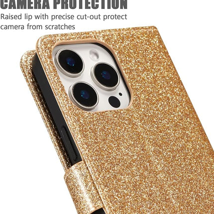 iPhone 16 Pro Shiny Wallet Case with Heart Design | Luxury Flip Cover with Card Holder + Free 6D Tempered Glass