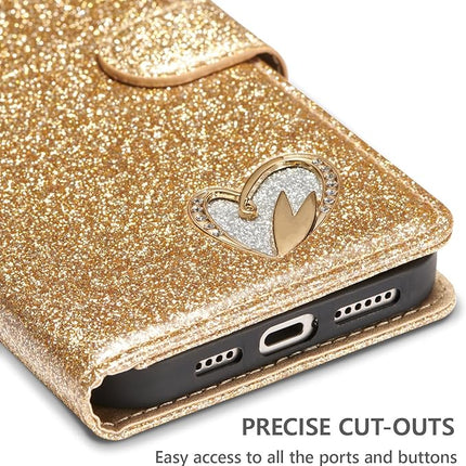 iPhone 16 Pro Shiny Wallet Case with Heart Design | Luxury Flip Cover with Card Holder + Free 6D Tempered Glass