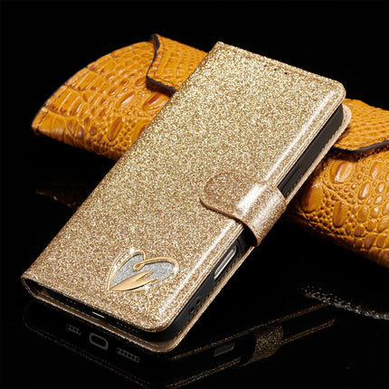 iPhone 16 Pro Shiny Wallet Case with Heart Design | Luxury Flip Cover with Card Holder + Free 6D Tempered Glass